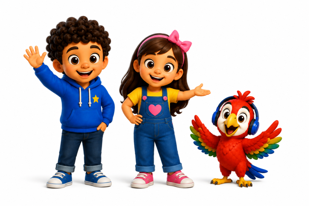 Leo, Sofía and Pancho representing the Mega Bilingual Balanced Learning System