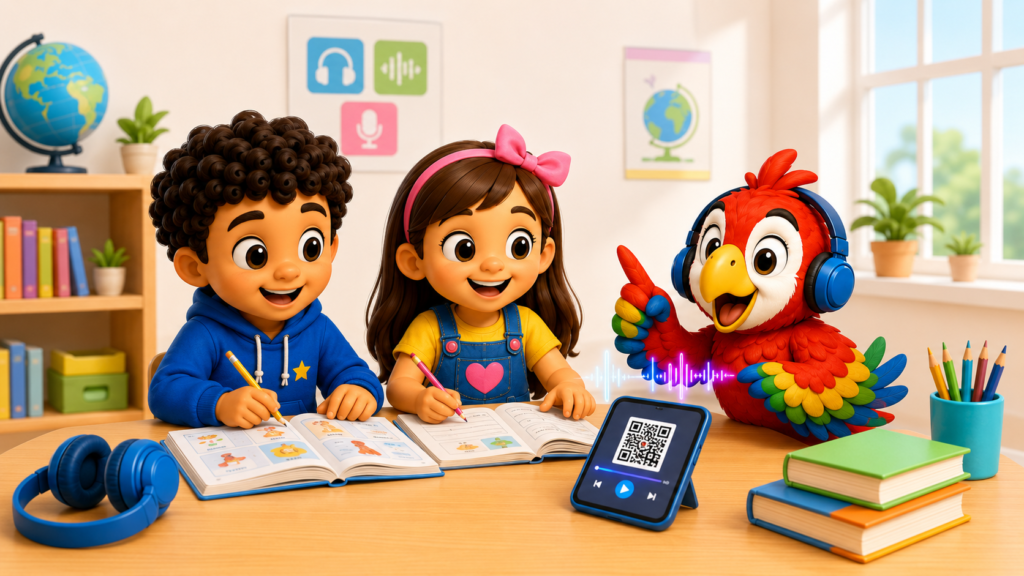 Leo, Sofía and Pancho showing three ways of bilingual learning