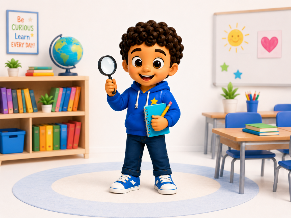 Leo, a curious bilingual learning character from Mega Bilingual Books